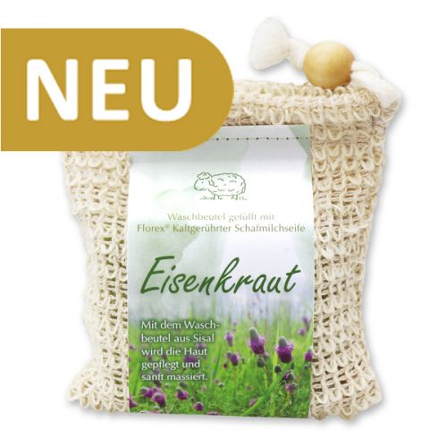 150g Kaltgerührte Schafmilchseife modern verpackt im Waschbeutel aus Sisal