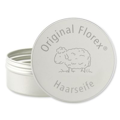 Schraubdeckeldose aus Aluminium mit Dichtungseinlage und Lasergravur Haarseife, 100ml 