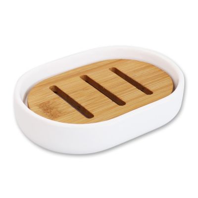 Seifenschale Porzellan oval mit Holz-Einsatz aus Bambus 