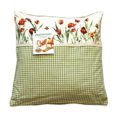 Zirbenpolster 40x40cm grün mit Tulpen und Spitze befüllt mit Zirbenspänen 