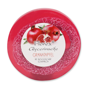 Handgemachte Glyzerinseife mit Luffa 100g in Folie mit Aufkleber, Granatapfel 