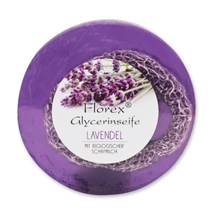 Handgemachte Glyzerinseife mit Luffa 100g in Folie mit Aufkleber, Lavendel 
