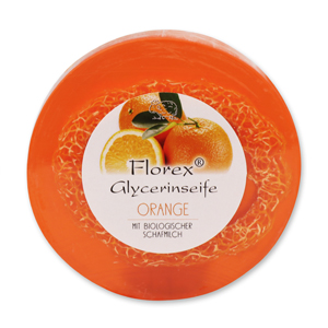 Handgemachte Glyzerinseife mit Luffa 100g  in Folie mit Aufkleber, Orange 