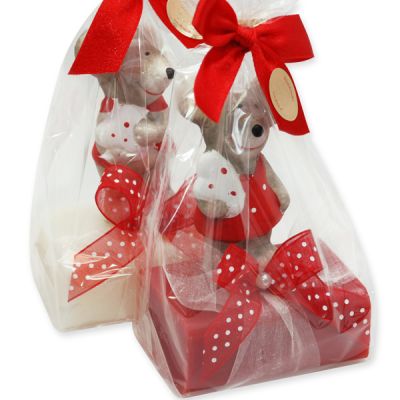 Schafmilchseife eckig 100g, dekoriert mit Maus in Cello, Classic/Granatapfel 