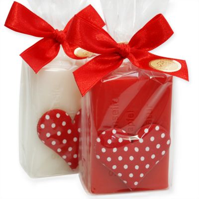 Schafmilchseife eckig 100g, dekoriert mit Stoffherz rot in Cello, Classic/Granatapfel 