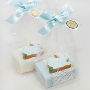 Sheep milk soap 100g, decorated with a rabbit packed in a cellophane bag, Classic/'forget-me-not' 