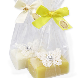 Sheep milk soap 100g, decorated with a crochet butterfly in a cellophane, Classic/chamomile 