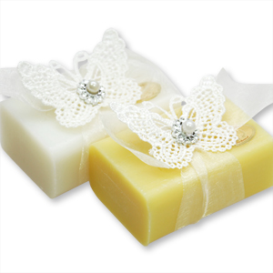 Sheep milk soap 100g, decorated with a crochet butterfly, Classic/chamomile 