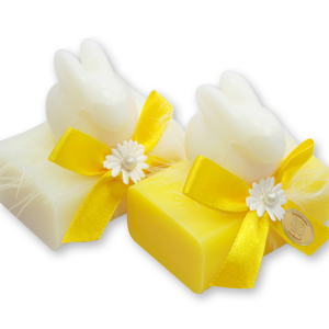 Sheep milk soap 100g, decorated with a soap rabbit 40g, Classic/frangipani 