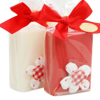 Schafmilchseife eckig 100g, dekoriert mit Punktblume rot in Cello, Classic/Rose 