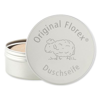 Duschseife mit Schafmilch rund 100g in der Dose mit Lasergravur, Mandelöl 