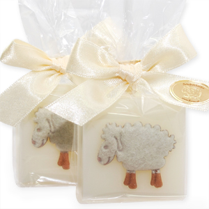 Schafmilchseife Quadrat 35g, dekoriert mit Schaf in Cello, Classic 