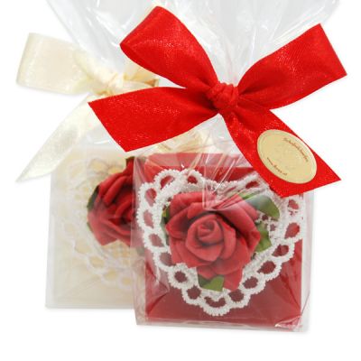 Schafmilchseife Quadrat 35g dekoriert mit Rose in Cello, Classic/Granatapfel 