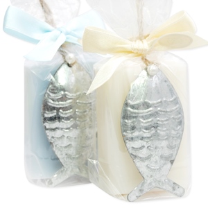 Sheep milk soap 100g, decorated with a metal fish in a cellophane, Classic/'forget-me-not' 