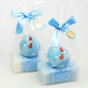 Sheep milk soap 100g, decorated with a chicken packed in a cellophane bag, Classic/'forget-me-not' 
