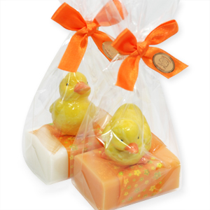Schafmilchseife eckig 100g, dekoriert mit Küken in Cello, Classic/Orange 