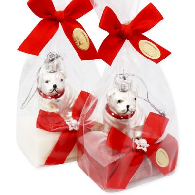 Schafmilchseife eckig 100g, dekoriert mit Glas Mops silber in Cello, Classic/Granatapfel 