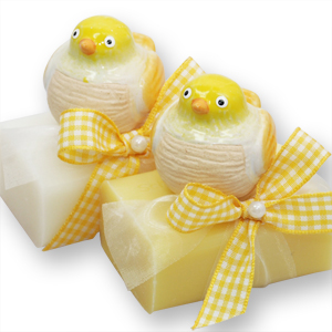 Sheep milk soap 100g, decorated with a ceramic bird, Classic/chamomile 
