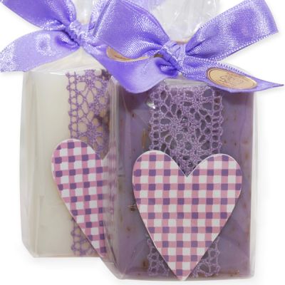 Schafmilchseife eckig 100g, dekoriert mit Holzherz in Cello, Classic/Lavendel 