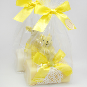 Sheep milk soap 100g, decorated with a velvet rabbit packed in a cellophane bag, Classic/Chamomile 