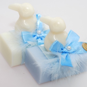 Sheep milk soap 100g, decorated with a soap rabbit 23g, Classic/'forget-me-not' 