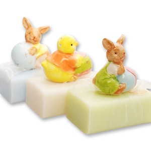 Schafmilchseife eckig 100g, dekoriert mit Küken/Hase, sortiert 
