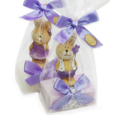 Schafmilchseife eckig 100g, dekoriert mit Hase in Cello, Classic/Flieder 
