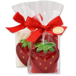 Schafmilchseife eckig 100g, dekoriert mit Erdbeere in Cello, Classic/Erdbeere 