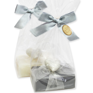 Schafmilchseife eckig 100g, dekoriert mit Herz Perlmutt in Cello, Classic/Christrose 