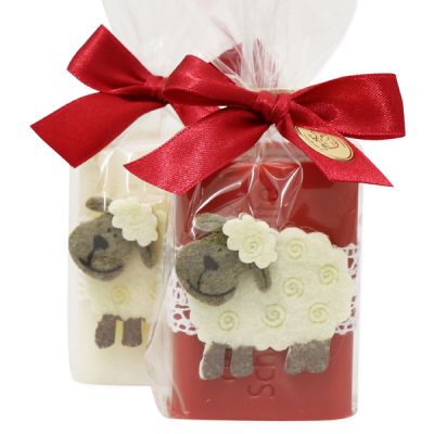 Schafmilchseife eckig 100g, dekoriert mit Schaf in Cello, Classic/Granatapfel 
