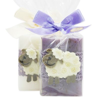 Schafmilchseife eckig 100g, dekoriert mit Schaf in Cello, Classic/Lavendel 