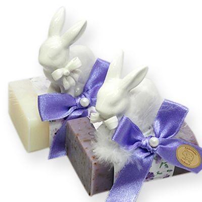 Schafmilchseife eckig 100g, dekoriert mit Hase, Classic/Lavendel 