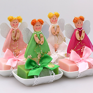 Sheep milk soap 150g on soap dish, decorated with a wooden angel, sorted 