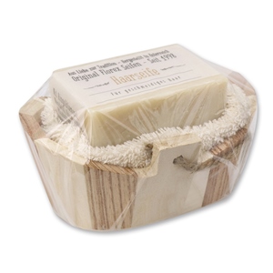 Special cold-stirred soap 100g wrapped with a transparent paper and a washing cloth in a wodden basket packed in a cellophane bag, Hair soap 