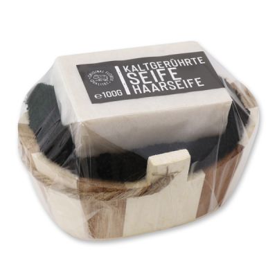 Special cold-stirred soap 100g with a washing cloth in a wodden basket in a cellophane bag "Black Edition", Hair soap 