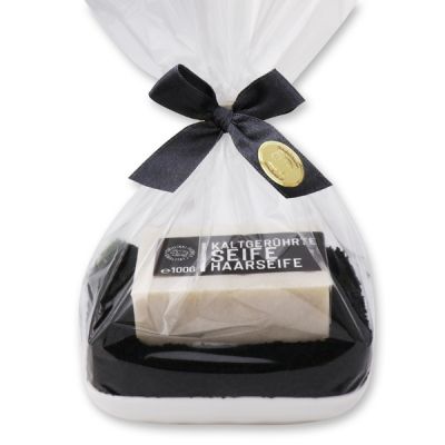Special cold-stirred soap 100g on a soap dish with a washing cloth in a cellophane bag "Black Edition", Hair soap 