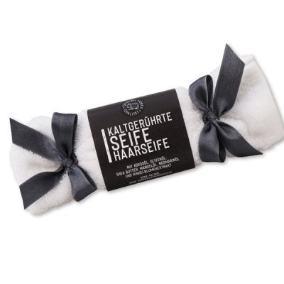 Special cold-stirred soap 100g in a washing cloth white and satin ribbons "Black Edition", Hair soap 