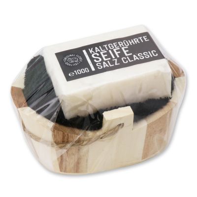Special cold-stirred soap 100g "Black Edition" with a washing cloth in a wodden basket in a cellophane bag, Salt classic 