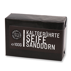 Kaltgerührte Seife 100g "Black Edition" schwarz verpackt, Sanddorn 