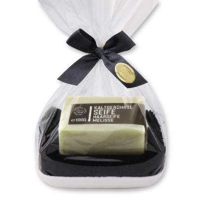 Special cold-stirred soap 100g on a soap dish with a washing cloth in a cellophane bag "Black Edition", Hair soap melissa 