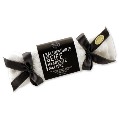 Special cold-stirred soap 100g in a washing cloth white and satin ribbons "Black Edition", Hair soap melissa 