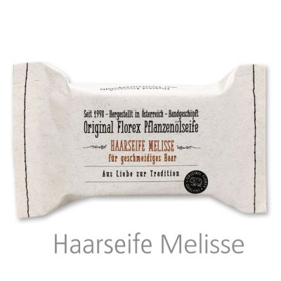 Kaltgerührte Spezialseife 100g im genähten Papierbeutel, Haarseife Melisse 