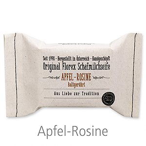 Kaltgerührte Seife 150g im genähten Papierbeutel, Apfel-Rosine 