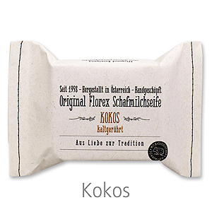 Kaltgerührte Seife 150g im genähten Papierbeutel, Kokos 