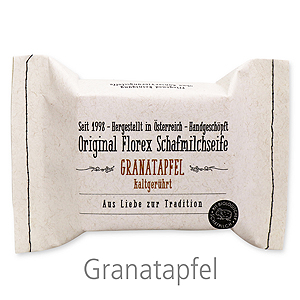 Kaltgerührte Seife 150g im genähten Papierbeutel, Grananatpfel 