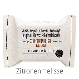Kaltgerührte Seife 150g im genähten Papierbeutel, Zitronenmelisse 