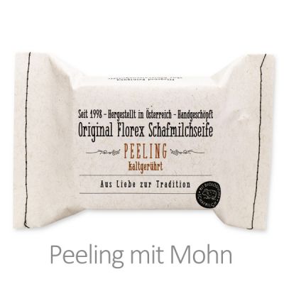 Kaltgerührte Seife 150g im genähten Papierbeutel, Peeling mit Mohn 