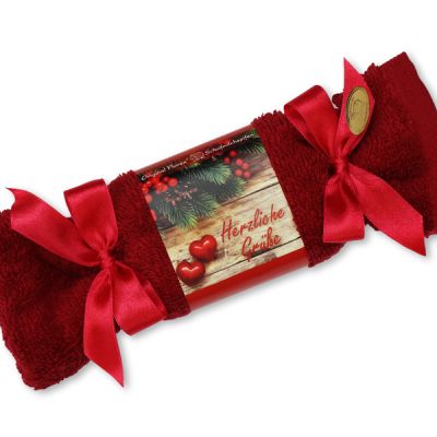 Schafmilchseife eckig 100g im Waschlappenzuckerl "Herzliche Grüße", Cranberry 