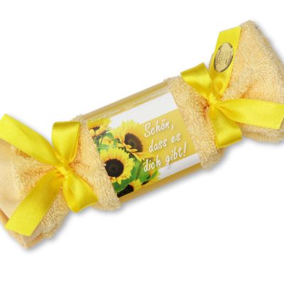 Schafmilchseife eckig 100g im Waschlappenzuckerl "Schön, dass es dich gibt", Sonnenblume 
