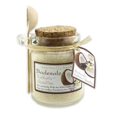 Bath salt 300g in a glass jar with a wooden spoon, Coconut-Vanilla 